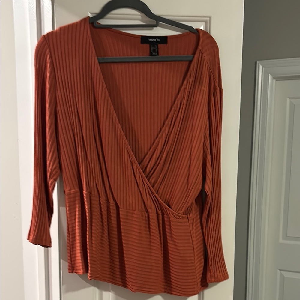 Forever Link Women's Orange Ribbed Blouse wrap style - color rust